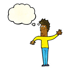 cartoon happy waving man with thought bubble