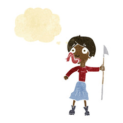 cartoon woman with spear sticking out tongue with thought bubble