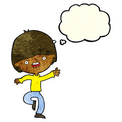 cartoon happy boy dancing with thought bubble