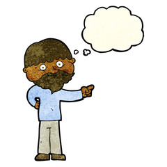 cartoon bearded man pointing with thought bubble