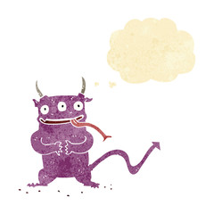 cartoon little demon with thought bubble