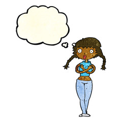 cartoon offended woman covering herself with thought bubble