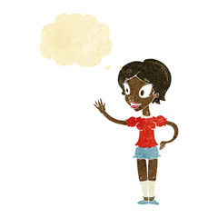 cartoon waving woman with thought bubble