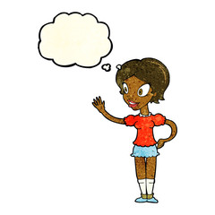 cartoon waving woman with thought bubble