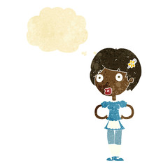 cartoon woman in french maid outfit with thought bubble