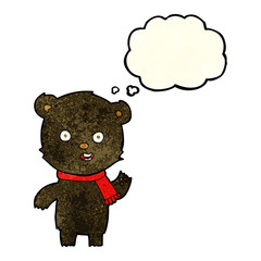 cartoon waving black bear cub with scarf with thought bubble