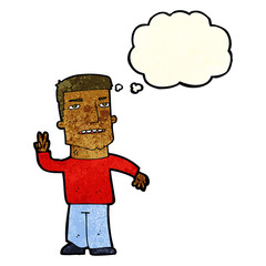 cartoon man giving peace sign with thought bubble