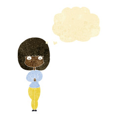 cartoon shy woman with thought bubble