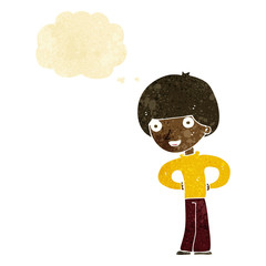 cartoon happy boy with hands on hips with thought bubble