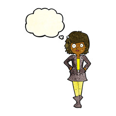cartoon girl in jacket with thought bubble