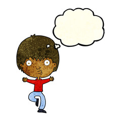 cartoon excited boy with thought bubble