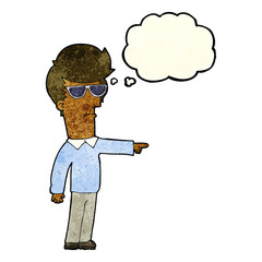 cartoon man in glasses pointing with thought bubble