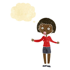 cartoon woman making excuses with thought bubble