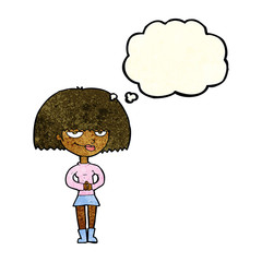 cartoon sly woman with thought bubble
