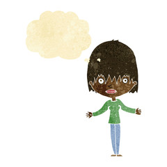 cartoon woman shrugging shoulders with thought bubble