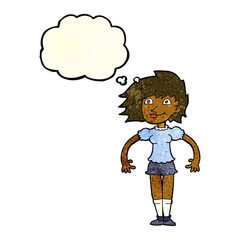 cartoon happy woman with thought bubble