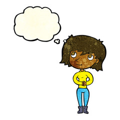 cartoon friendly woman with thought bubble