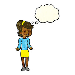 cartoon woman shrugging shoulders with thought bubble