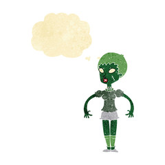 cartoon zombie monster woman with thought bubble