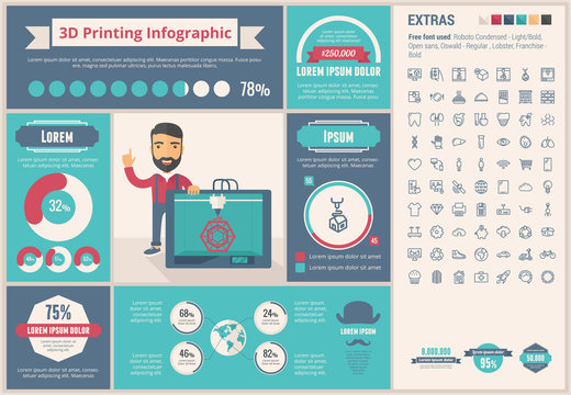 Three D printing flat design Infographic Template