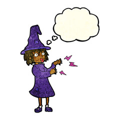 cartoon witch casting spell with thought bubble