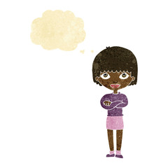 cartoon woman with folded arms with thought bubble