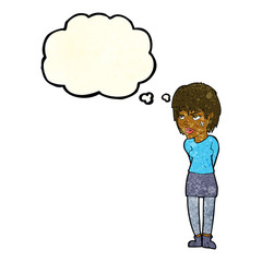 cartoon woman with plaster on face with thought bubble