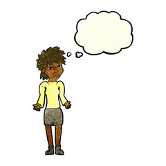 cartoon woman shrugging shoulders with thought bubble