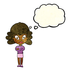 cartoon happy woman with folded arms with thought bubble