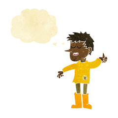 cartoon poor boy with positive attitude with thought bubble
