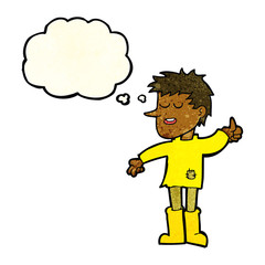 cartoon poor boy with positive attitude with thought bubble