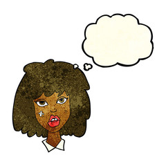cartoon woman with bruised face with thought bubble