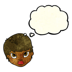 cartoon sulking woman with thought bubble