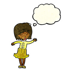 cartoon waving woman with thought bubble