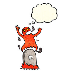 cartoon ghost rising from grave with thought bubble