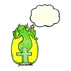 cartoon ghost rising from grave with thought bubble