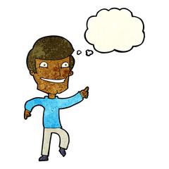 cartoon happy man pointing with thought bubble