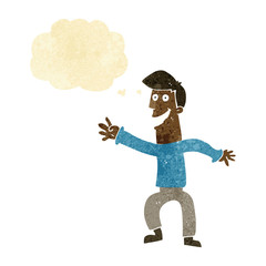 cartoon happy man dancing with thought bubble