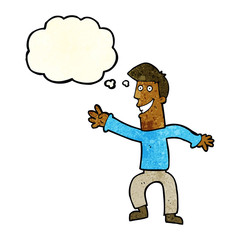 cartoon happy man dancing with thought bubble