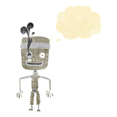 cartoon malfunctioning robot with thought bubble