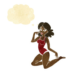 cartoon woman in lingerie with thought bubble