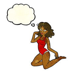 cartoon woman in lingerie with thought bubble
