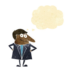 cartoon happy man in suit with thought bubble