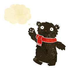 cartoon teddy bear wearing scarf with thought bubble