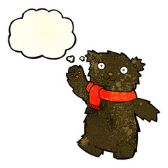 cartoon teddy bear wearing scarf with thought bubble