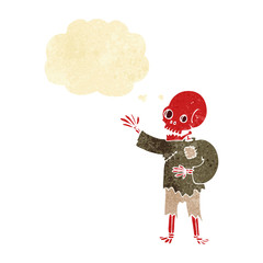 cartoon skeleton waving with thought bubble