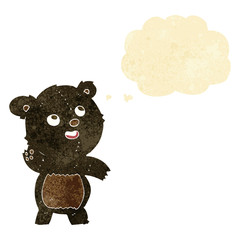cartoon cute waving black bear teddy with thought bubble