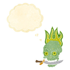 cartoon pirate skull with knife in teeth with thought bubble