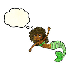 cartoon pretty mermaid waving with thought bubble