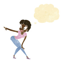 cartoon pretty woman pointing with thought bubble